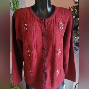 Idao Burgundy Floral Lambs Wool and  Cashmere Cardigan M
